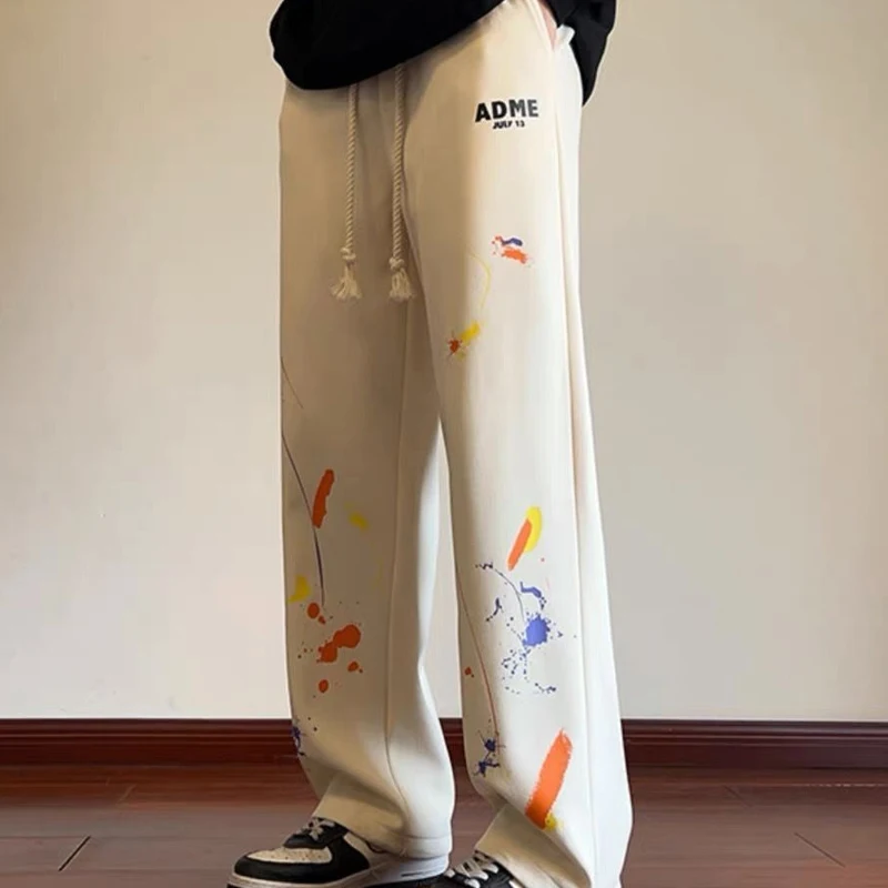 spring autumn Elastic waist Loose Straight pants man High street Casual Printing Pockets patchwork Drawstring cotton trousers