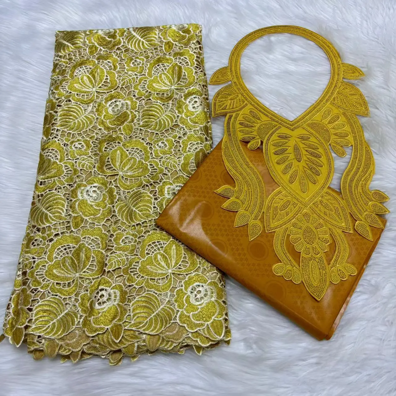 

High Quality 2.5yards Swiss Cotton Lace Fabric with 2.5yards Bazin Riche Fabric +Collar Set Hot Sale for Women Dress L512-17