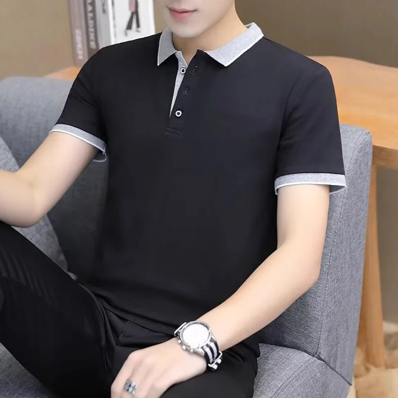 

2025 Summer New Fashion Men's Turn-down Collar Short Sleeve Color-coded Casual Trendy Slim T-shirts Male Undershirts Clothes Top