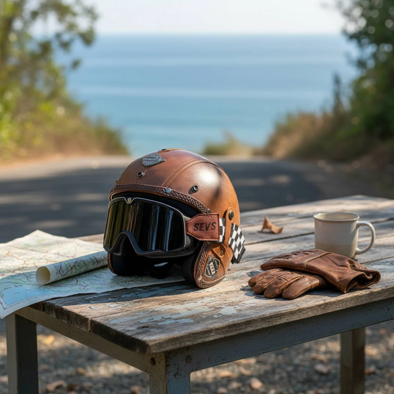 

Vintage Motorcycle Half Helmet Decorative Rivets Brown Leather-Look Helmet