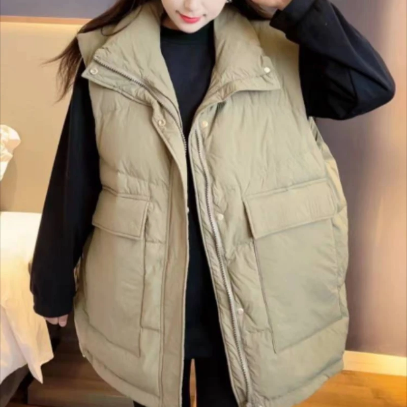 Women\'s Mid-length Waistcoat, Sleeveless Parkas, Down Vest, Thick Warm Puffer Vests, Korean Outerwear