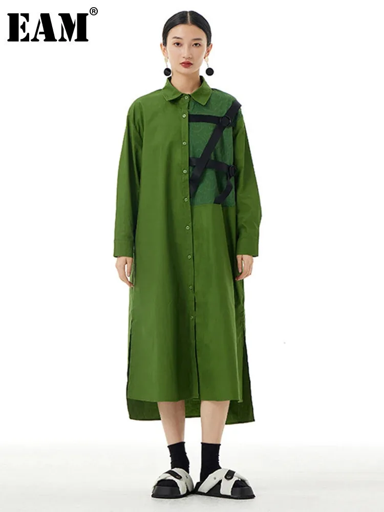 EAM Women Green Irregular Back Long Big Size Shirt Dress New Lapel Long Sleeve Fashion Tide Spring Autumn 2025 1DH4914