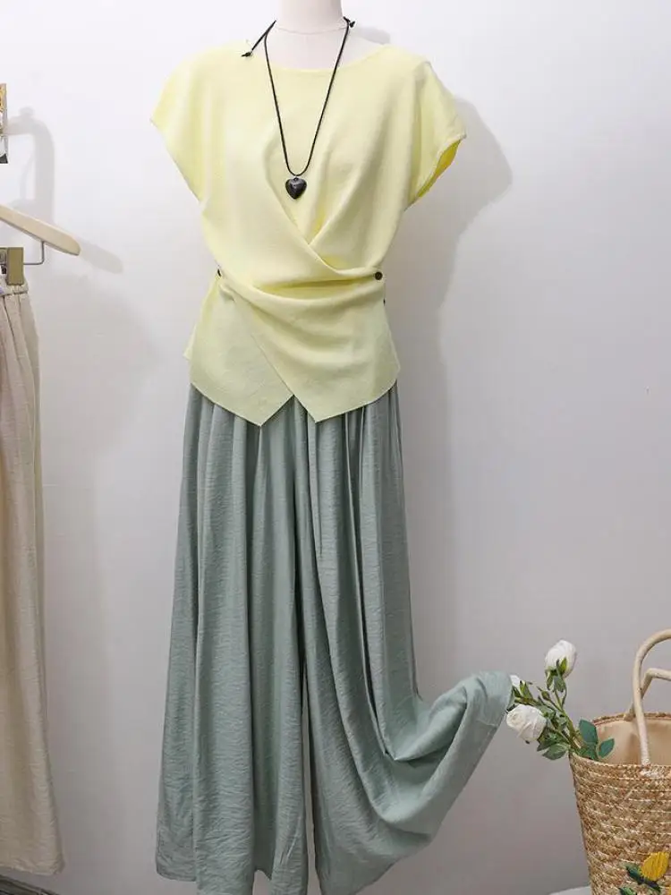 

Korean Women Solid Short Sleeve Crew Neck Holiday Irregular T Shirt Slim Summer 2025 Stripe Office Lady Versatile Pleated Tops