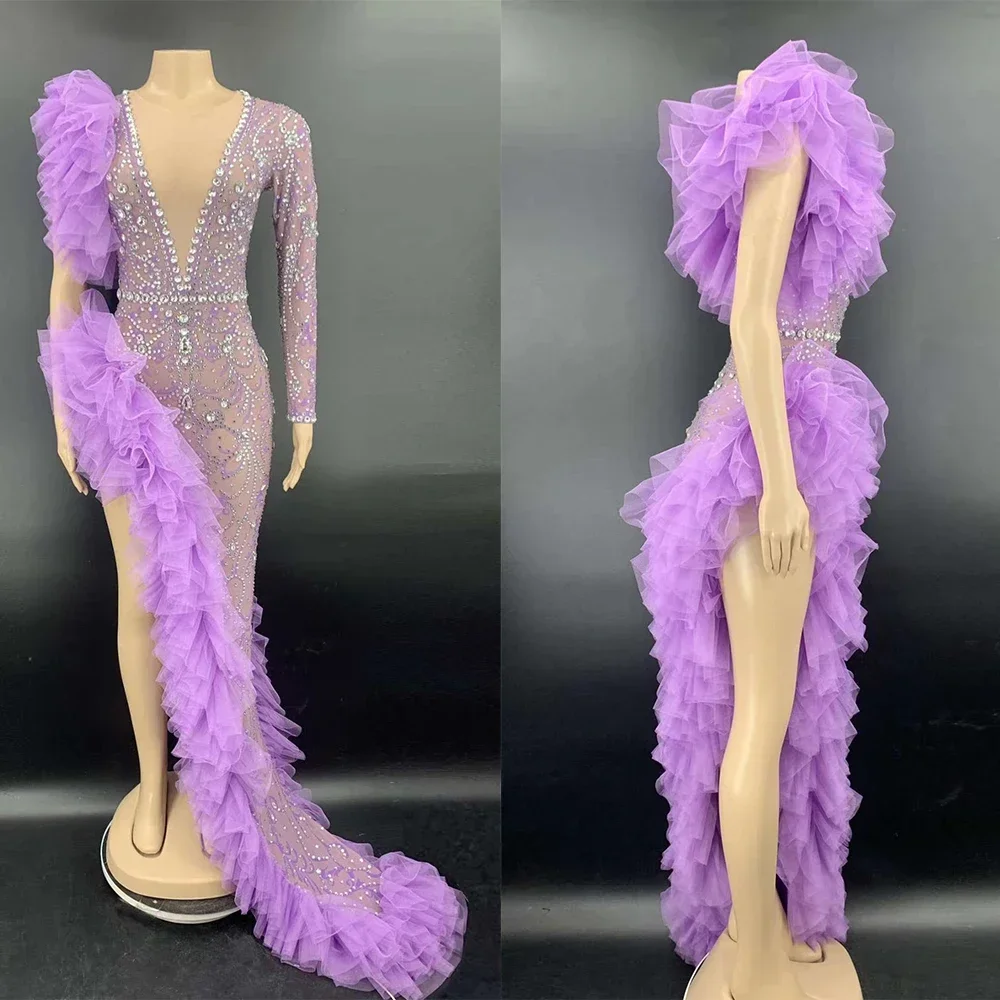 

Women Sexy Purple Shining Rhinestones Sequins Evening Club Stage Long Dress Festival Rave Wear Drag Queen Outfits