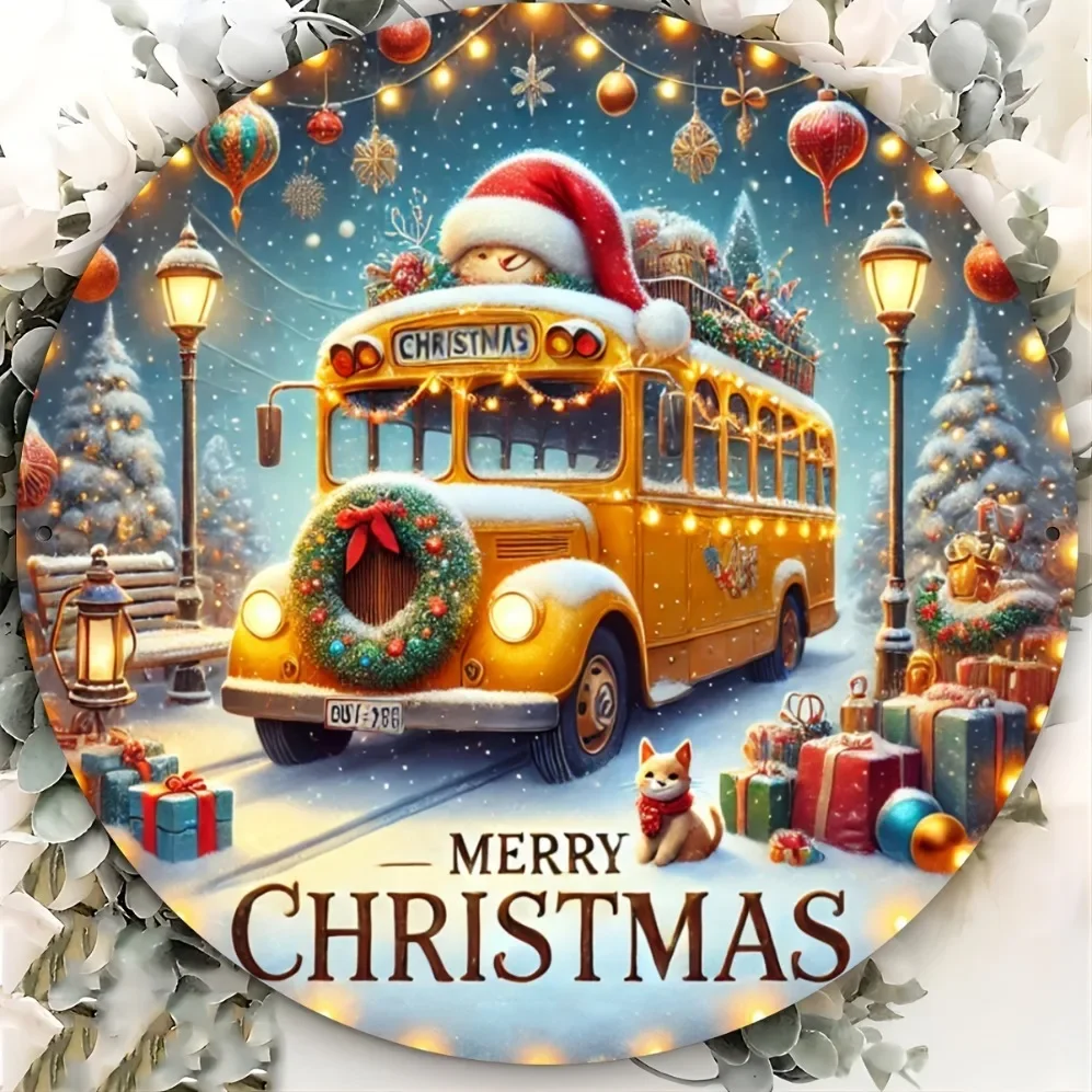 لافتة حافلة صفراء لعيد الميلاد الريفي، لوحة، حافلة ثلجية احتفالية مع إكليل وقبعة سانتا، تحية "عيد ميلاد سعيد"