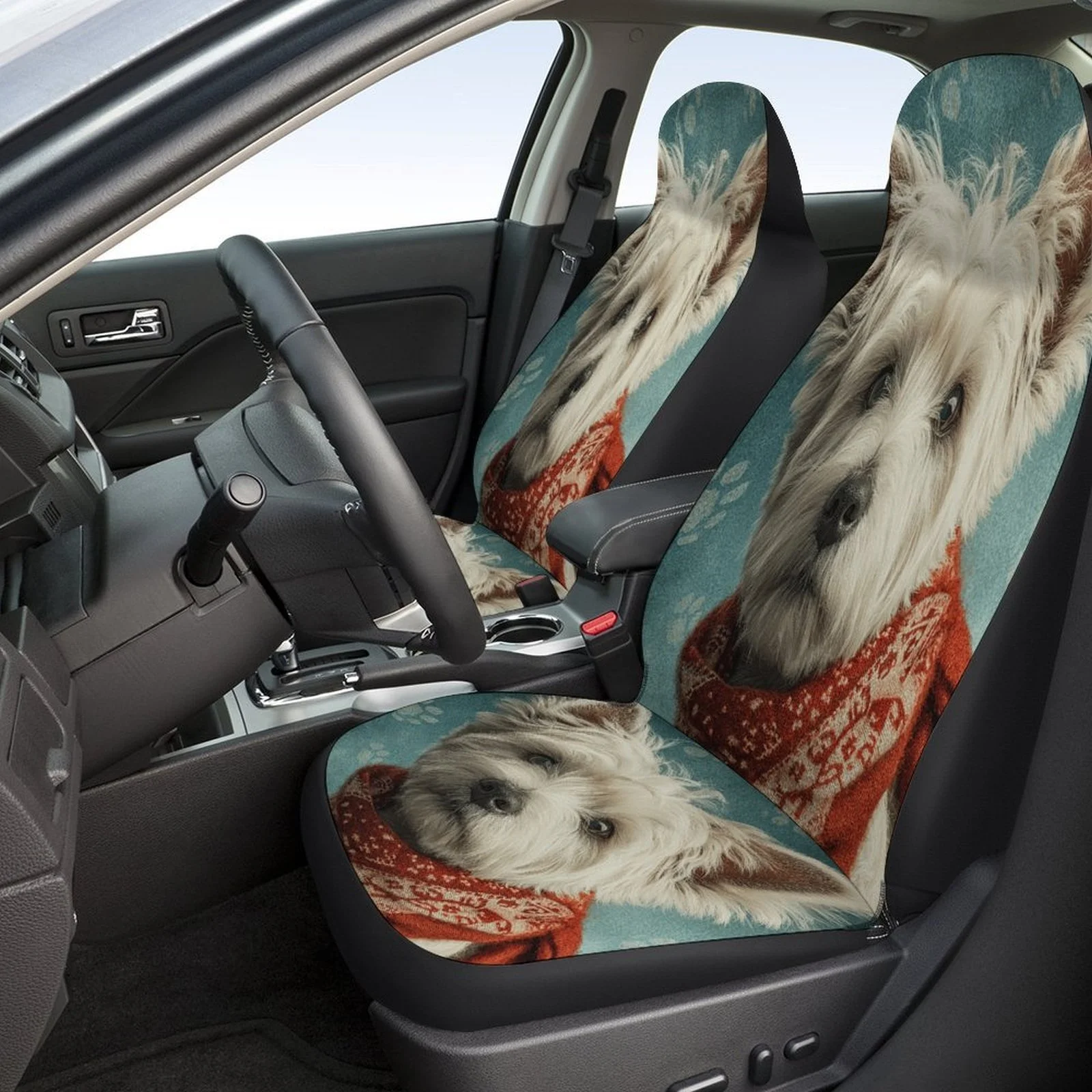 Set Of Car Seat Covers Featuring A Westie Dog Portrait, Suitable For Various Vehicles. These High-Quality, Comfortable Protector