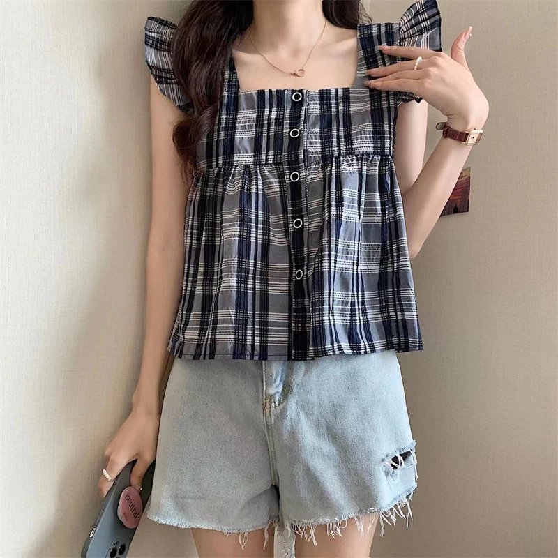 Abbigliamento donna 2024 estate Trendy Vintage Plaid Ruffle Kawaii camicetta a maniche corte Y2K Casual colletto quadrato allentato Sweet Chic top