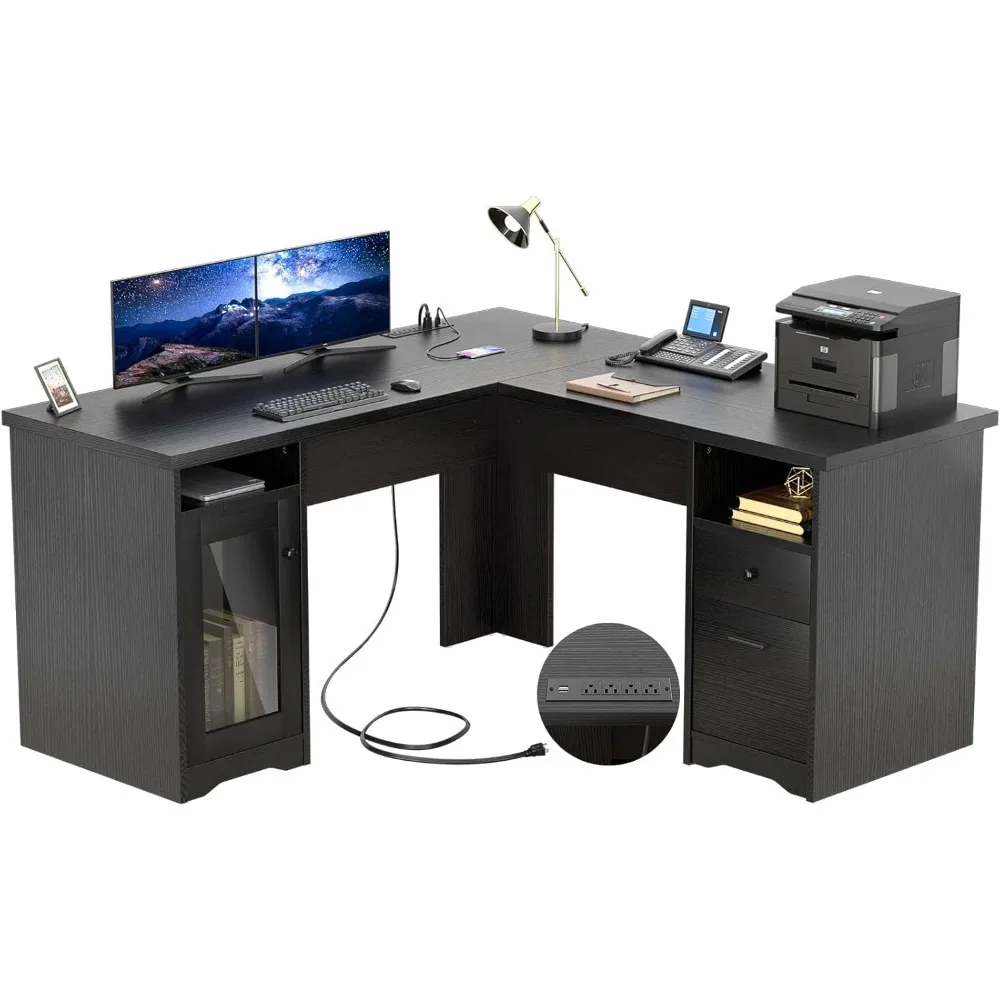 Mesa de escritório em forma de L com gaveta, mesa de computador de 60 polegadas com tomada de energia e porta de carregamento USB, mesa de canto grande com