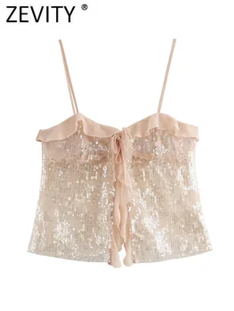 Zevity 2024 المرأة شيك الطية الكشكشة الترتر تصميم الشيفون حبال كاميس تانك سيدة عارية الذراعين قصيرة المحاصيل قميص بلوزة القمم LS7195