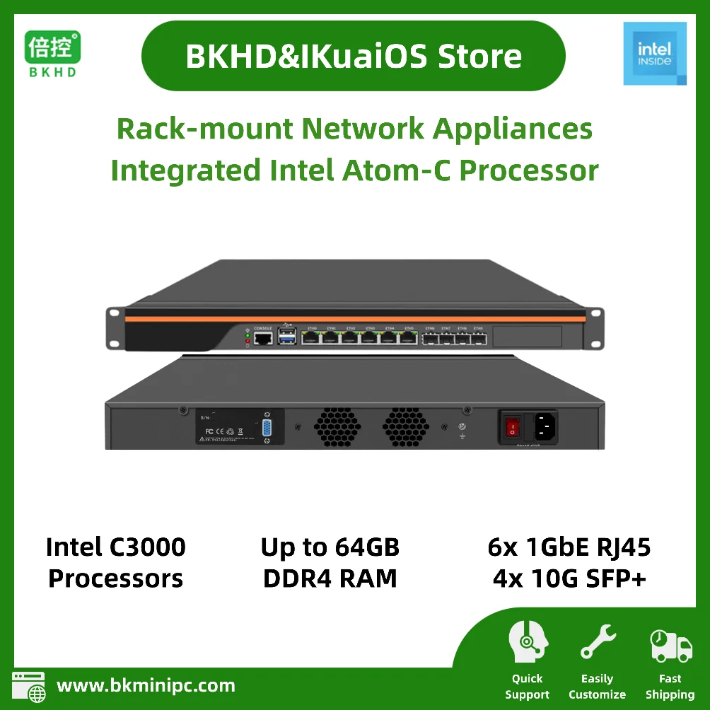 

1U Rack-mount Server Intel Atom C3000 Processor 6x1GbE Quad-port 10G SFP+ for Firewalls Routers SD-WAN Gateway 1U-1310NP-6L4S