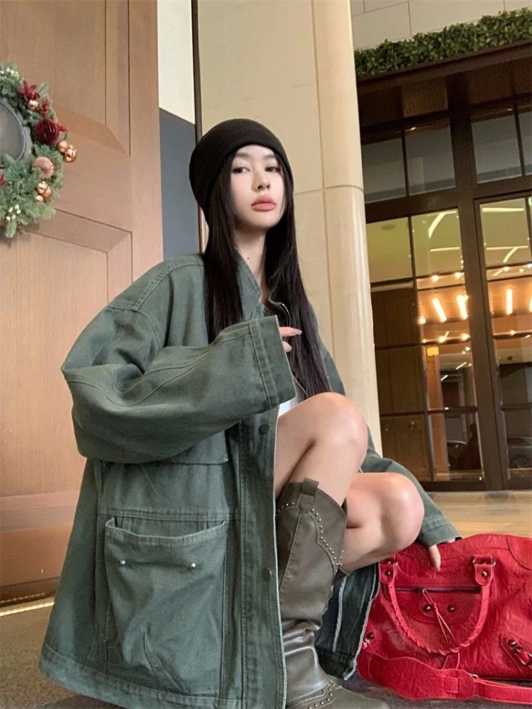 

Retro American Sle Women's Long Sve Denim Jaet Autumn New Waed Faded Casual Versatile Mid-Length Breathable Zipper