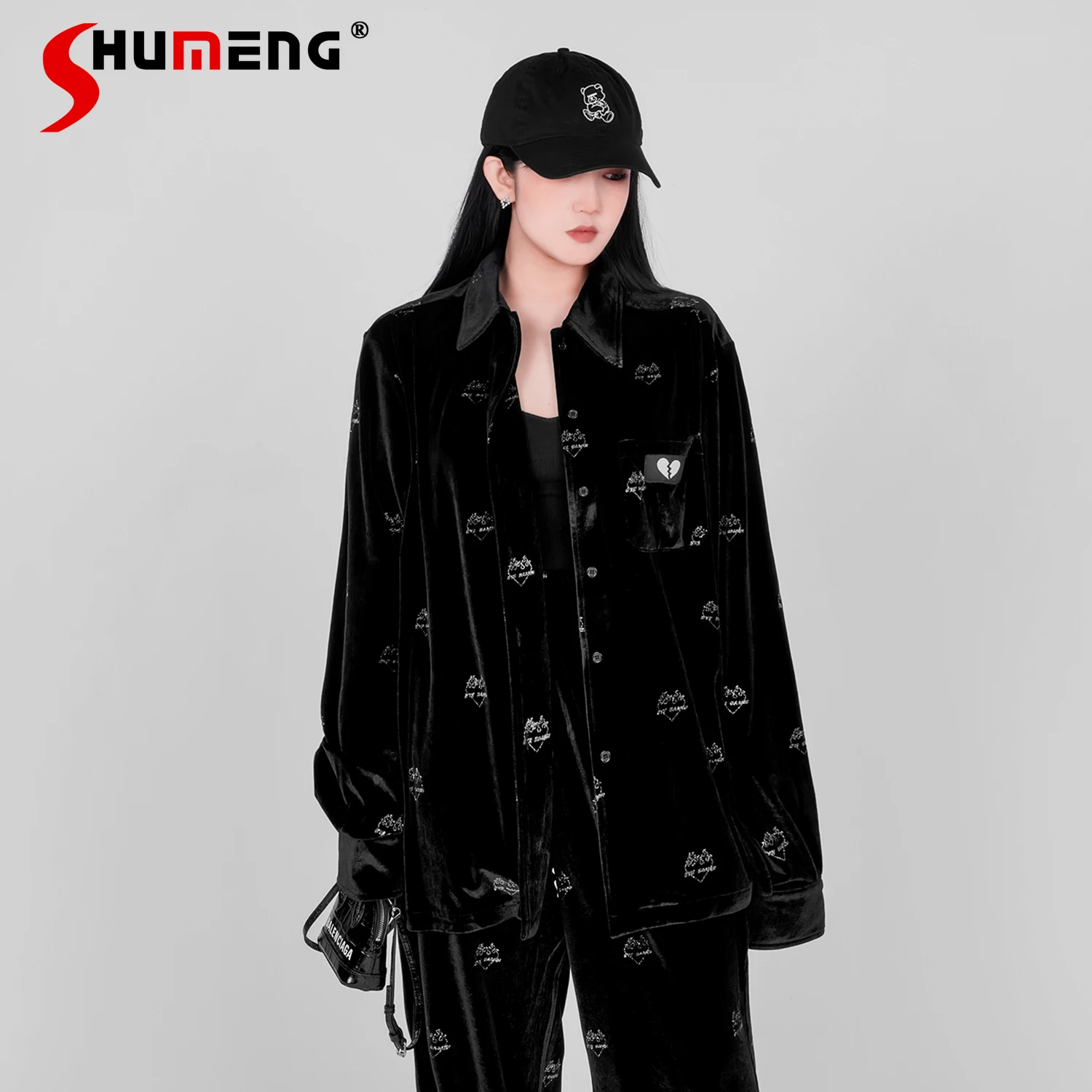 

2024 Autumn Fashion Flame Love Printed Velvet Long Sleeve Black Shirt Hot Girl Punk Harajuku Casual Loose Large Size Blouses Top