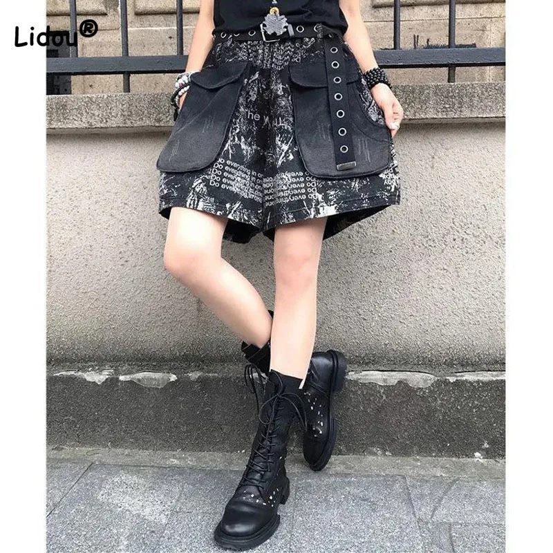 

High Street Vintage Printing Denim Shorts Female Pockets Spliced Fashion Belt Elastic Waist Loose Pants Summer Women's Clothing