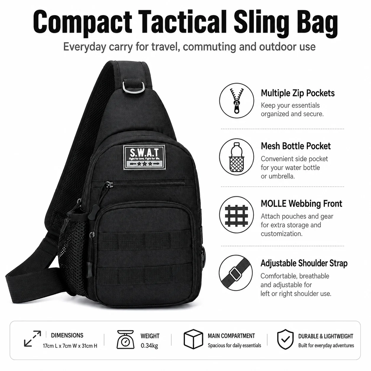 Tactical Sling Bag for Men, Compact Crossbody Chest Pack with MOLLE Webbing, Water Bottle Pocket for Hiking, Travel, Outdoor Use