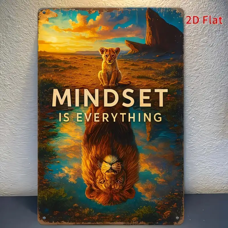 Mindset Is Everything Vintage Metal Tin Sign - Lion Cub & Reflection, Retro Savanna Sunset, Iron Wall Decor for Home Office Insp