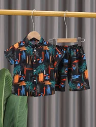 Baby Boy's Summer Outfit, Tropical Beachwear Set, Casual Short Sleeve Shirt With Shorts, Vibrant Palm Tree Print, Sizes For Todd