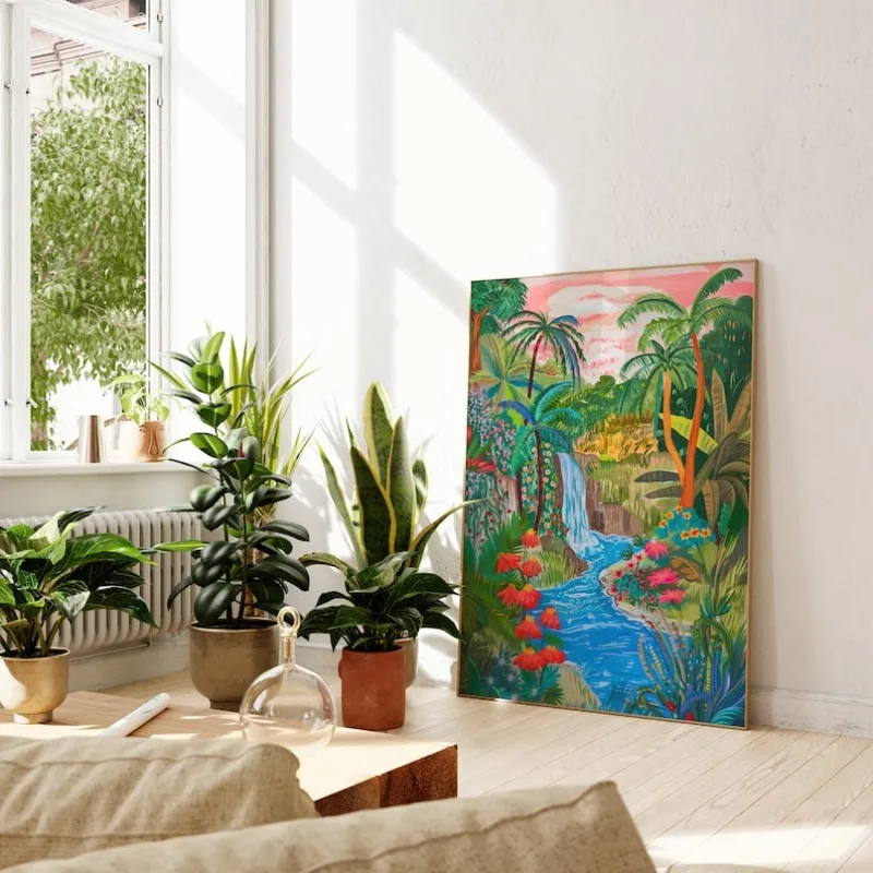Abstract Colourful Tropical Landscape Poster Mountain River Plant Tree Beautiful Scenery Canvas Painting Wall Art Room Home Deco