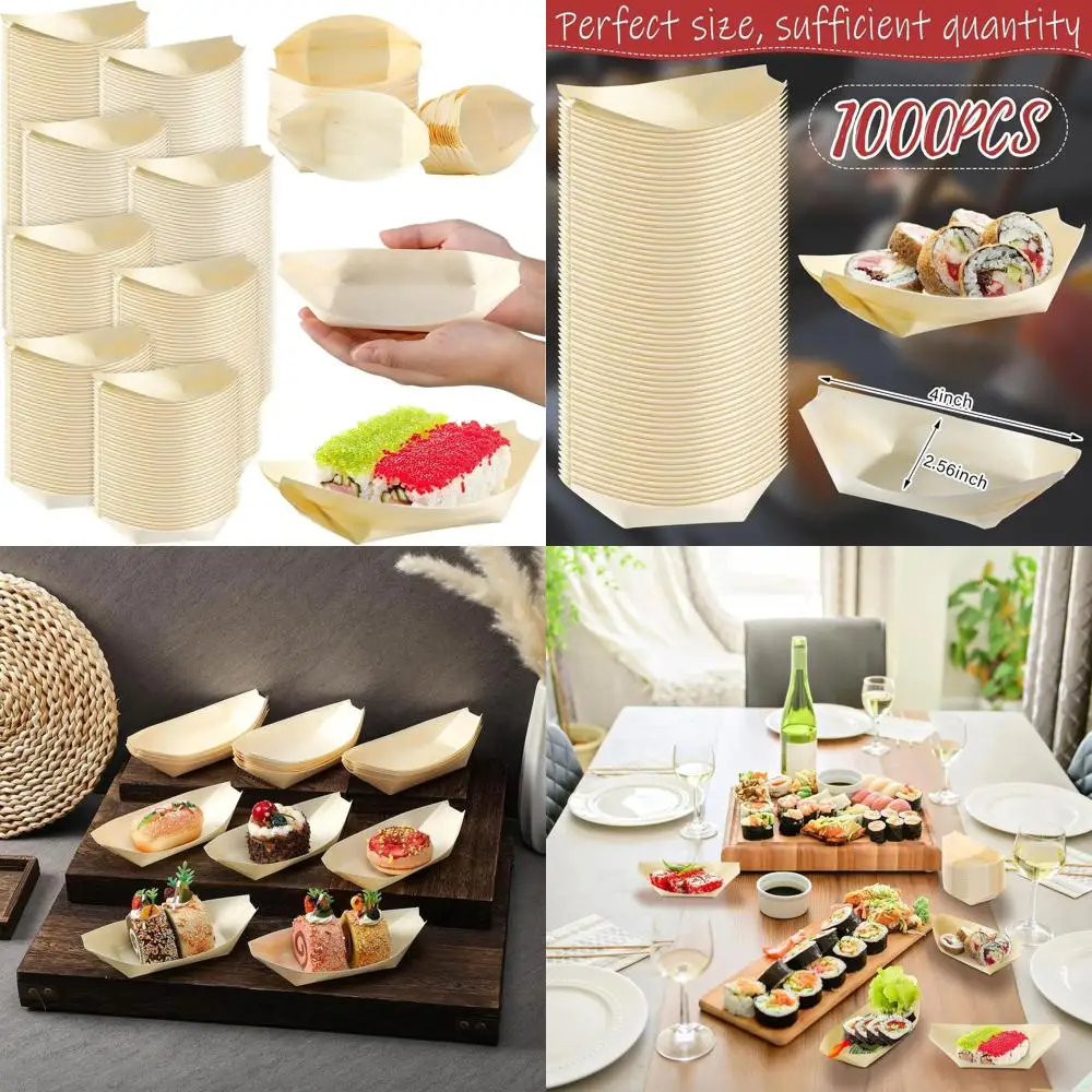 

1000 Pack 4 Disposable Bamboo Wood Boat Plates for Sushi, Catering, and Home Use
