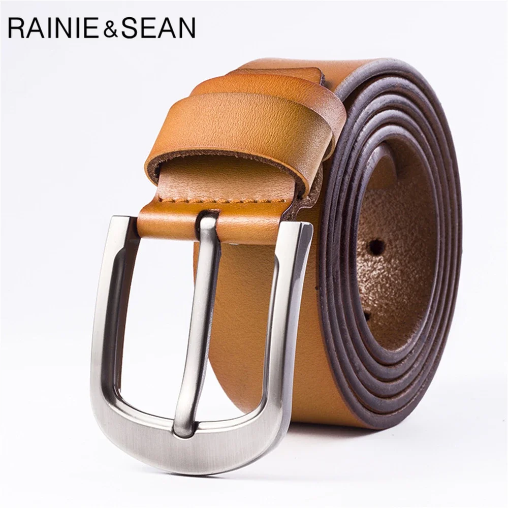 RAINIE SEAN Genuine Leather Belt Male Black Brown Men High Quality Belt Pin Buckle Real Cowskin Mens Belt for Jeans Big Size