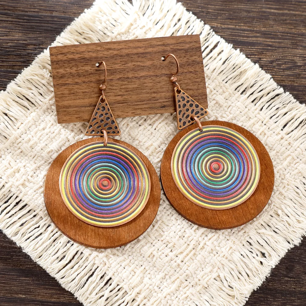 Vintage New Colorful Spiral Round Earring for Women Ethnic Metal Carved Triangle Wooden Pendant Earrings Bohemian Party Jewelry