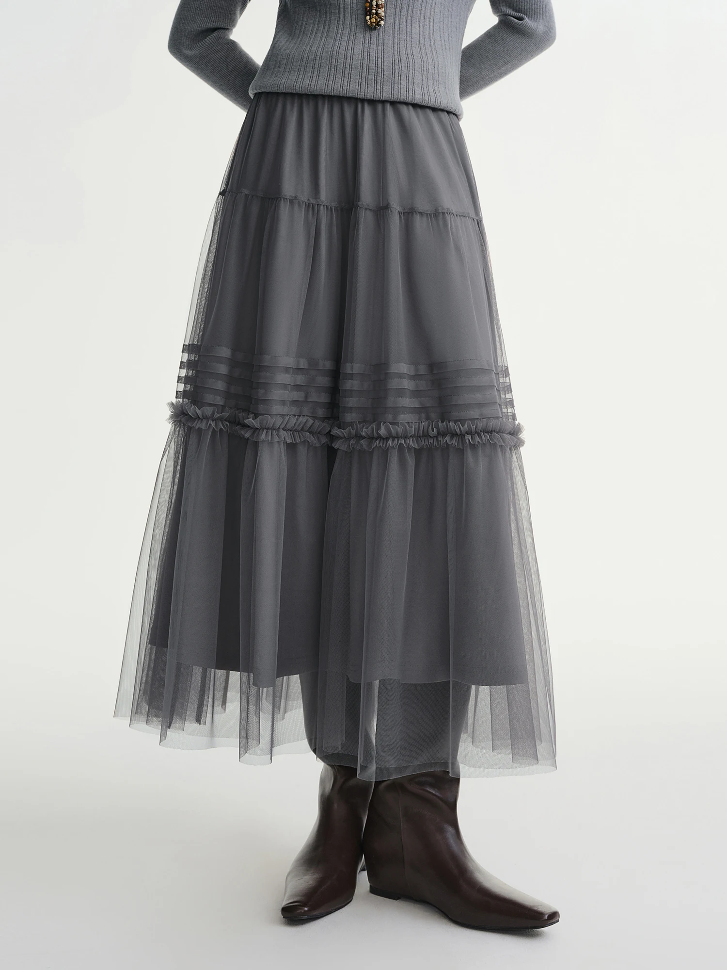 DUSHU ثلاثة ألوان تكدرت شبكة تنورة المرأة مطوي شبكة تنورة مستقيمة الجنية الرجعية القوطية كول بنات مرونة الخصر فضفاضة تناسب #2