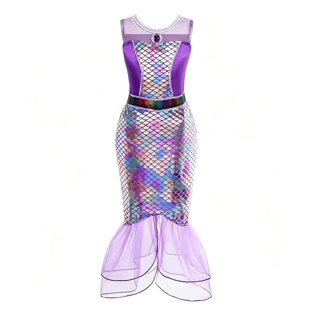 Ocean Mermaid Sleeveless Fishtail Cosplay Dress in Purple Color with Complete Princess Accessories for Girls Christmas Halloween
