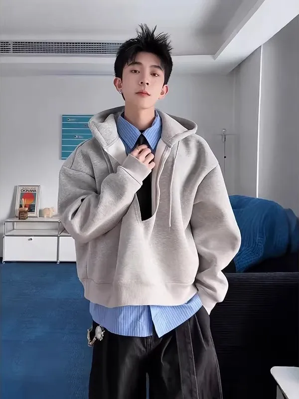 

ey Heavyweight Fake Two-Piece Hoodie ex Couple Korean College Sle Matching Plaid Tie irt Jaet Casual Long Sve
