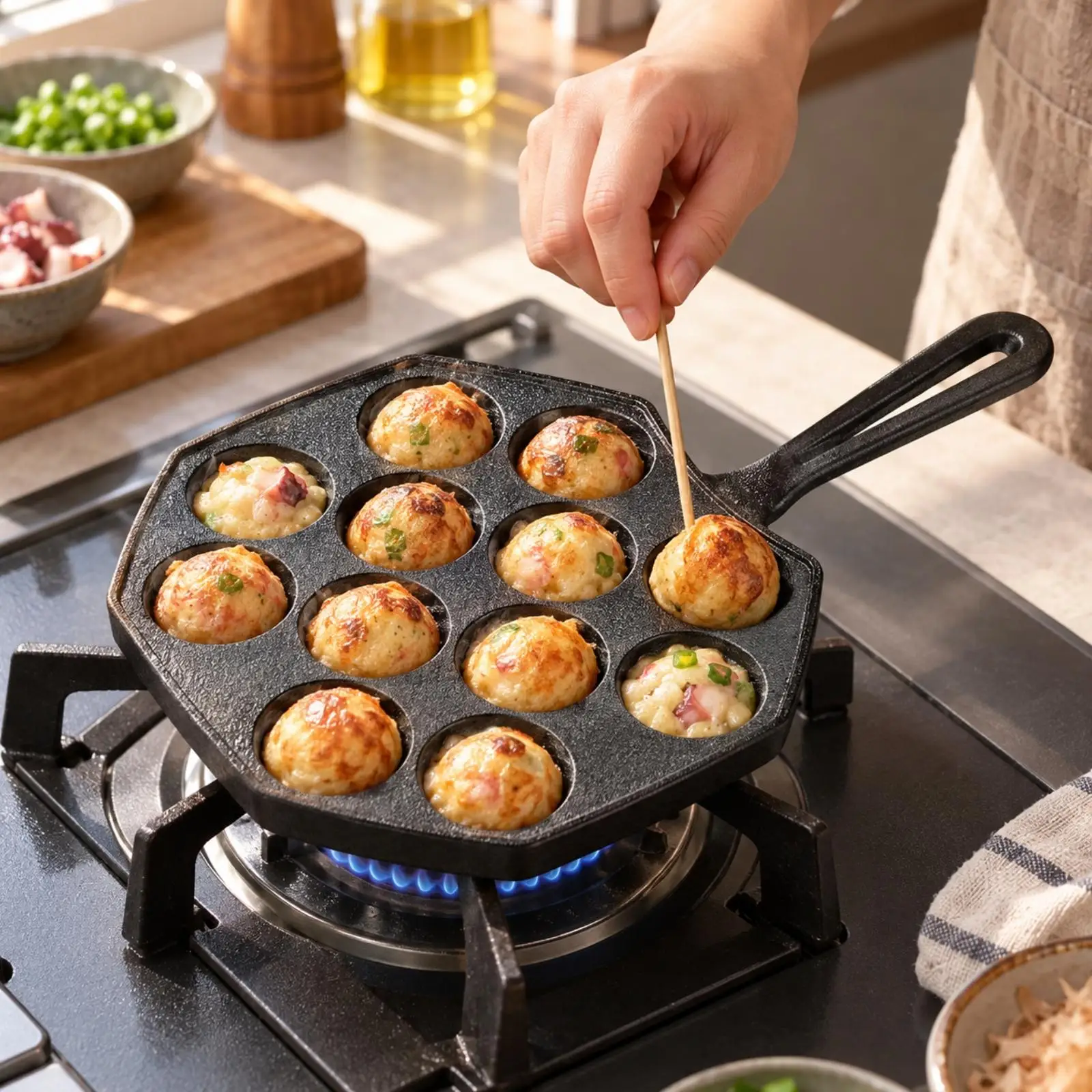 Uncoated Cast Iron Takoyaki Pan with Hemispherical Molds for Even Heating Octopus Ball Grill Stovetop Japanese Snack Kitchen
