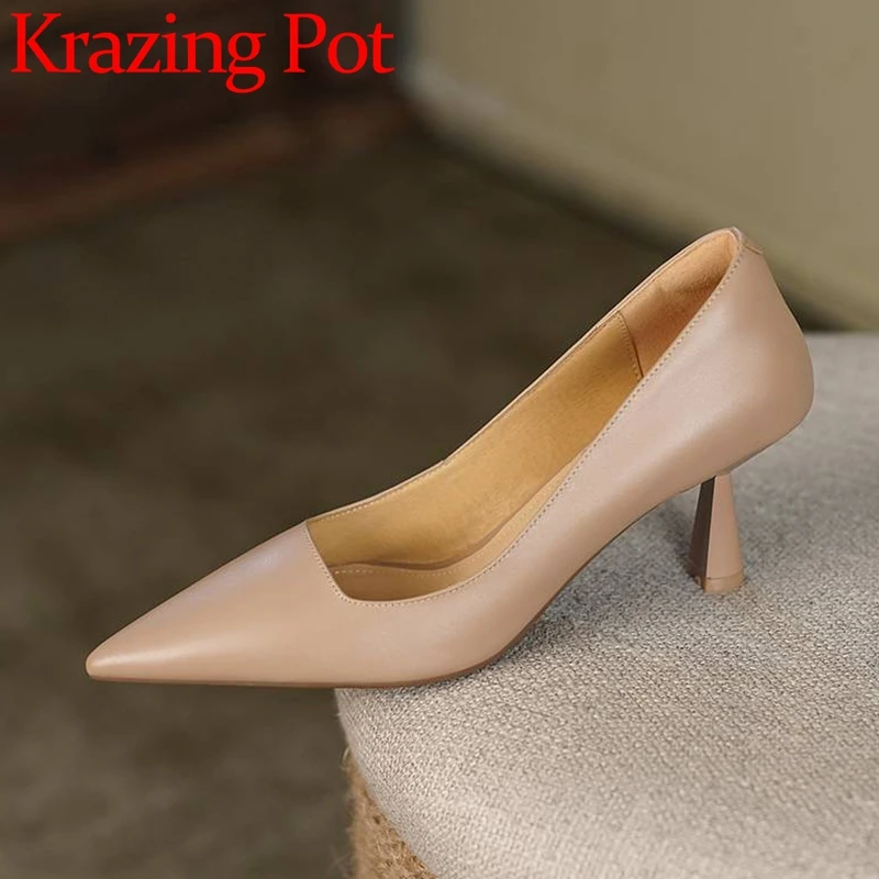 Krazing Pot New Genuine Leather Pointed Toe Thick High Heels Spring Shoes Grace Wedding Mature Shallow Slip on Comfortable Pumps