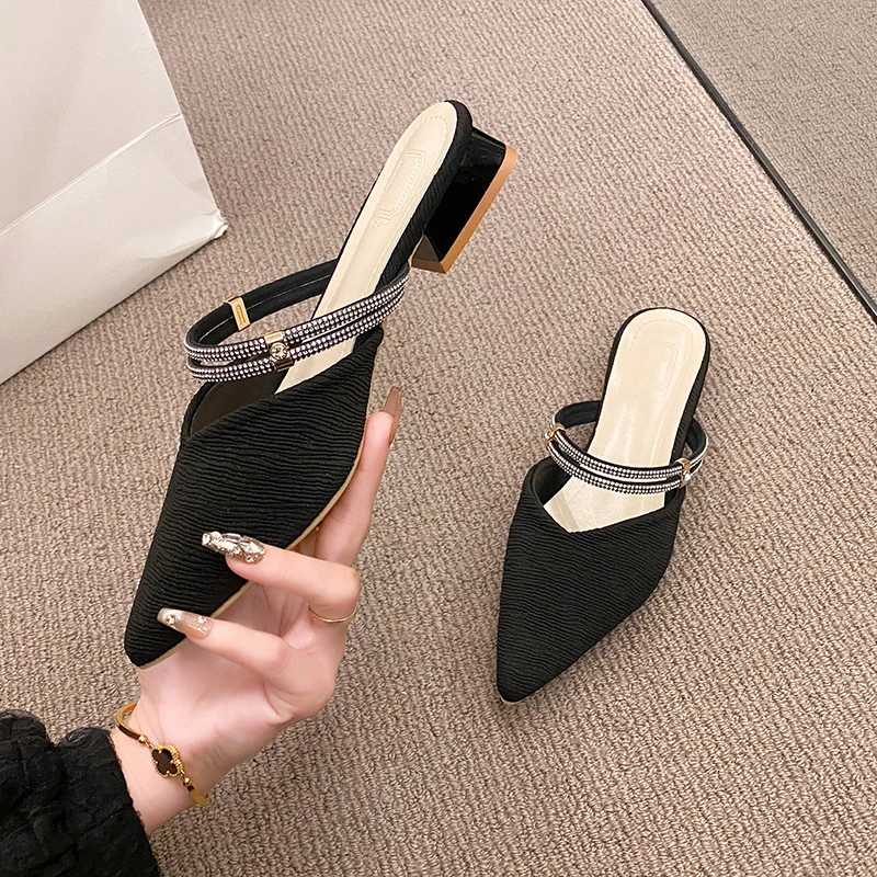 

Women Mules Shoes Summer New Pointed Toe Chunky Heels Ladies Slippers Fashion Plus Size 35-42 Dress Party Mid Heel Shoes Women