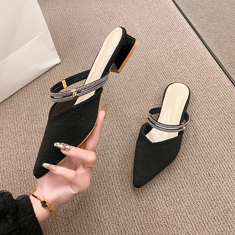 Women Mules Shoes Summer New Pointed Toe Chunky Heels Ladies Slippers Fashion Plus Size 35-42 Dress Party Mid Heel Shoes Women