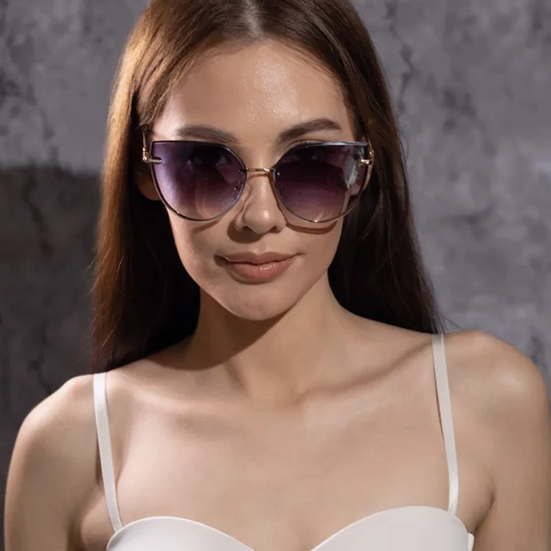Radfahren 2 stücke Frauen Rahmenlose Übergroßen Cat Eye Sonnenbrille Weibliche Metall Rahmen Gradienten Sonnenbrille Outdoor UV400 Brillen