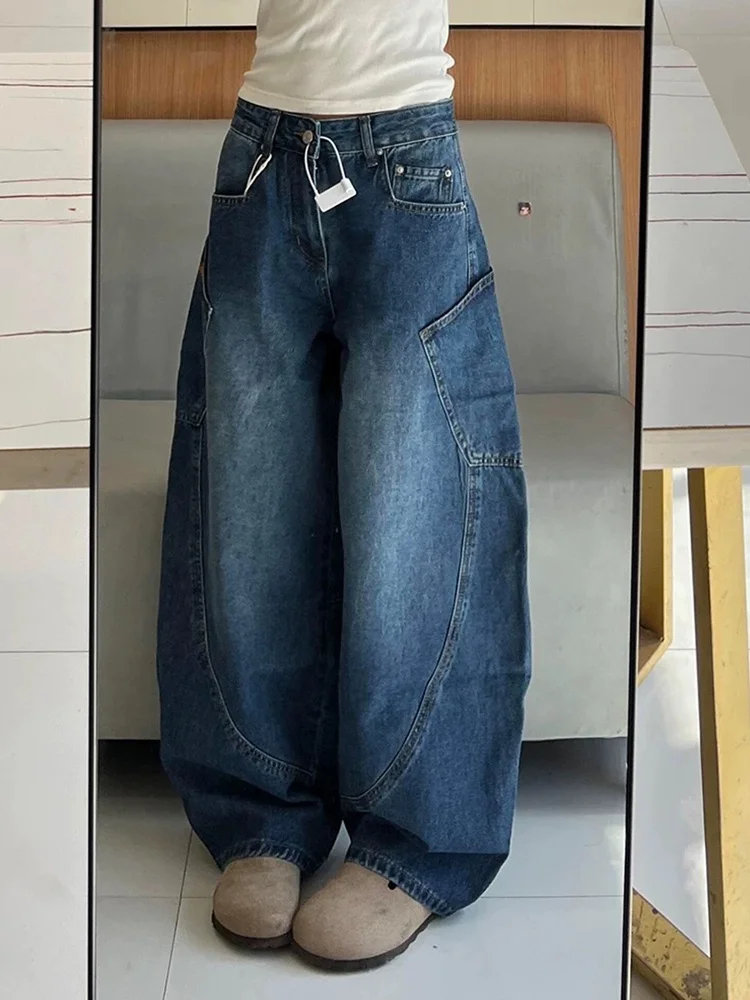 

Американские джинсы свободного кроя с высокой талией и вышивкой, женские прямые широкие брюки больших размеров, повседневная одежда