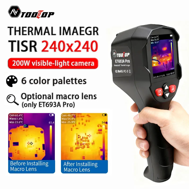 TOOLTOP Cámara termográfica portátil TISR 240x240 Almacenamiento de imágenes de vídeo 200W Fusión de luz visible -20 ° C~500 ° Cámara de imágenes térmicas C