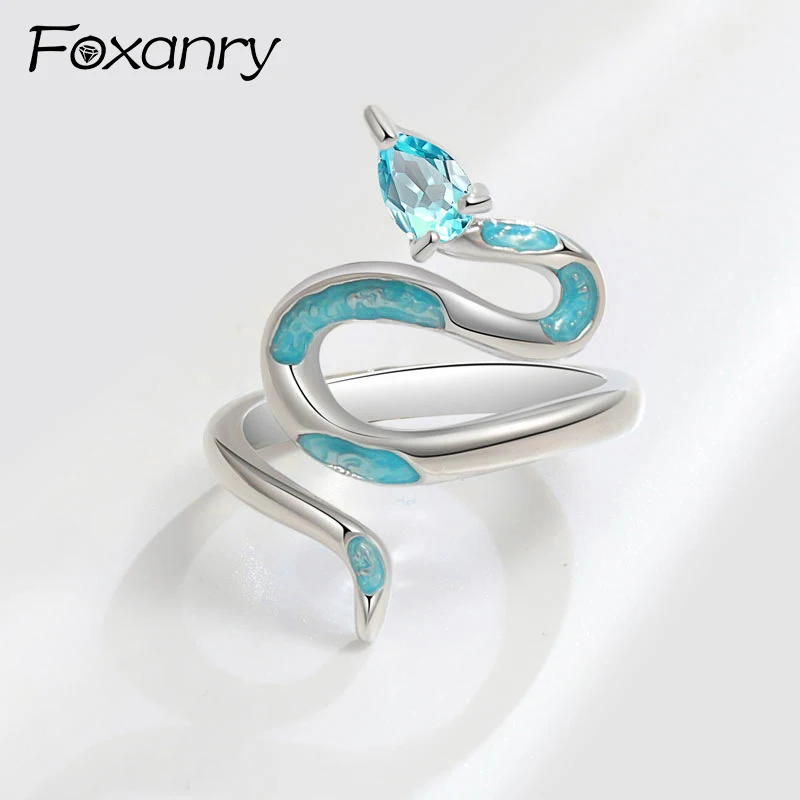 Foxanry Blue Drop Glaze Zircon Snake Geometric Rings For Women Couples New Fashion Simple Personality Party Jewelry Accessories