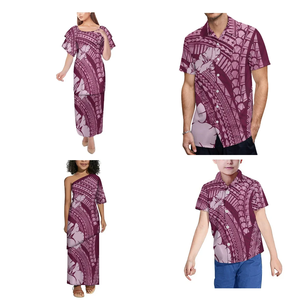 Polynesian Ladies New Dress Home Party Dress Custom Summer Short Sleeved Ladies Girls Puletasi Skirt Men Boys Pocket Shirt