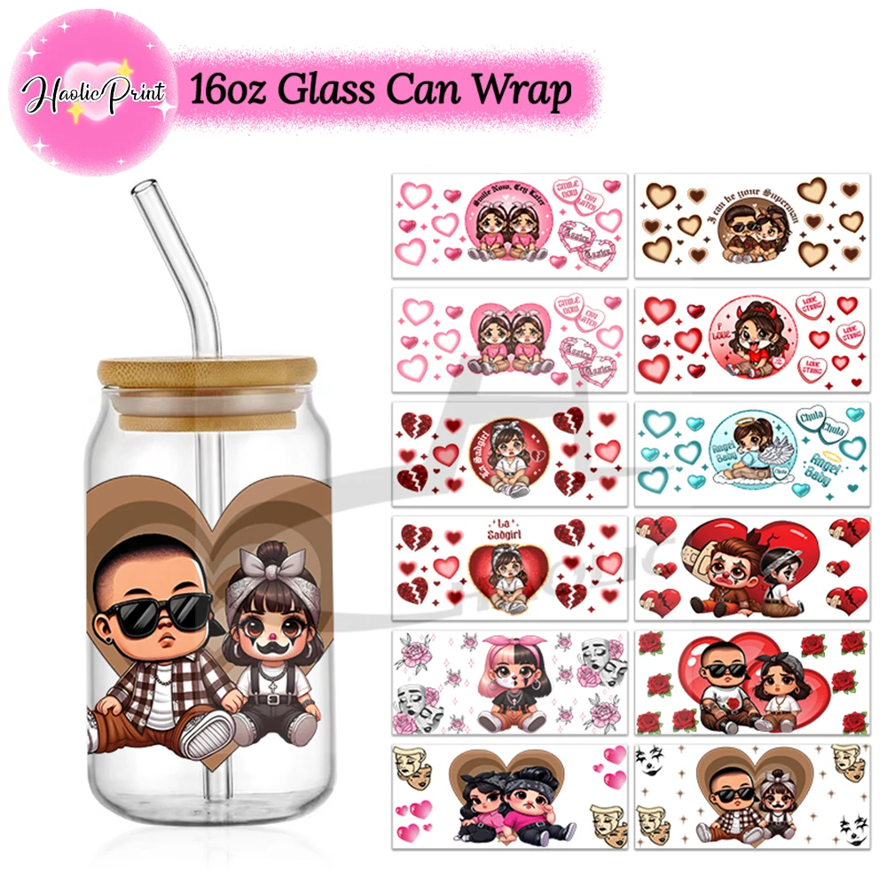 Valentines Cholo UV DTF 16oz Glass Can Bundle Libbey Glass Can Wrap La Guera Dog Always And Forever Chicano Cartoon Couple