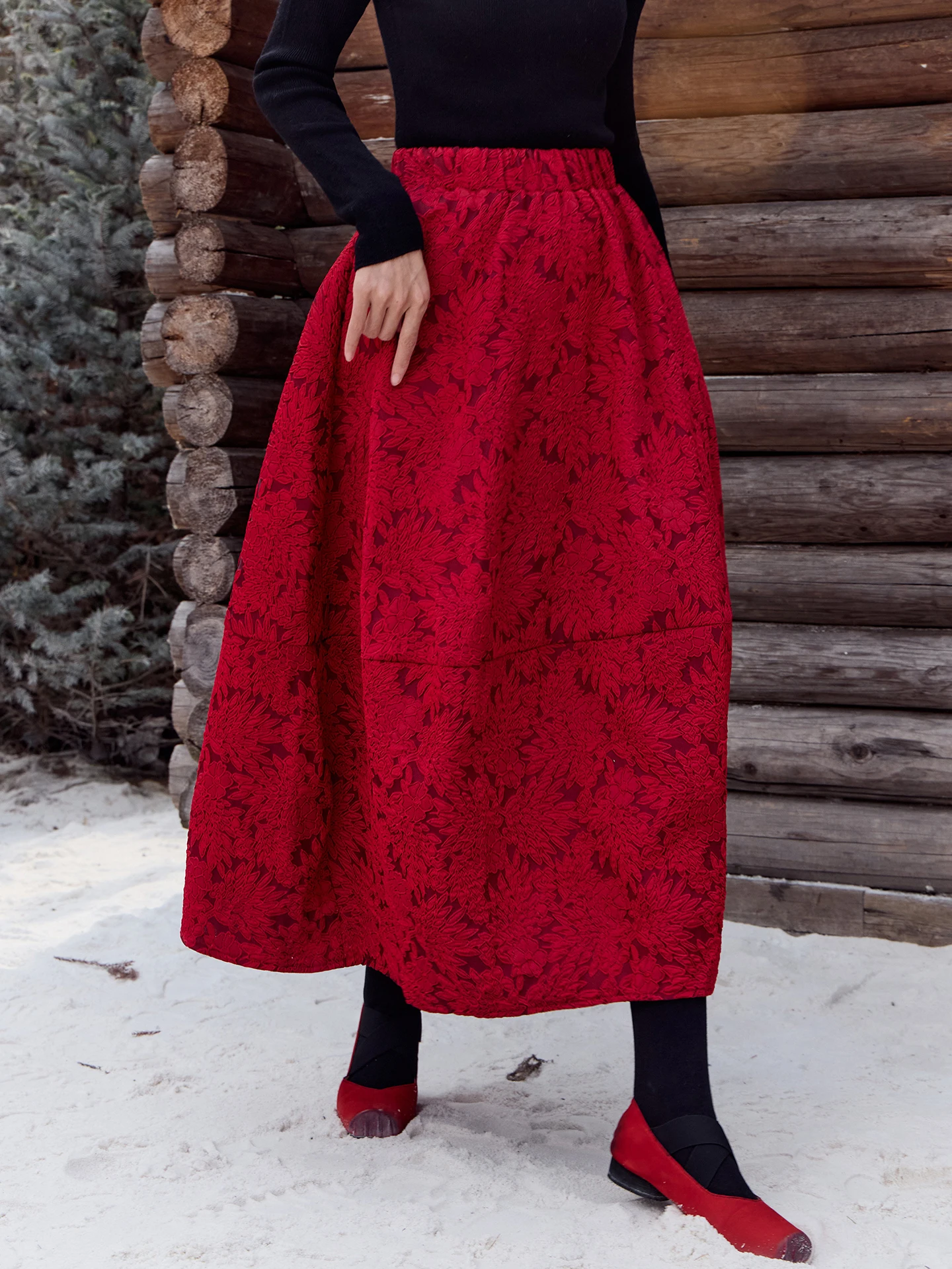 

Red Floral Embroidery f Skirt Wedding New Year's Celebration Convex ape High Waist Polyester Fiber Micro Elastic No Slit