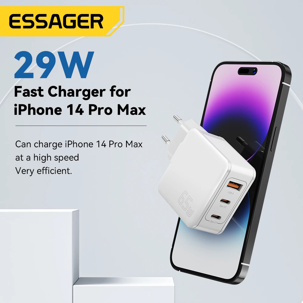 Essager GaN 65W USB C Charger Fast Charge QC4.0 Type C Charger PD3.0 USB Charger For iPhone 14 13 Pro Max MacBook Xiaomi Laptop