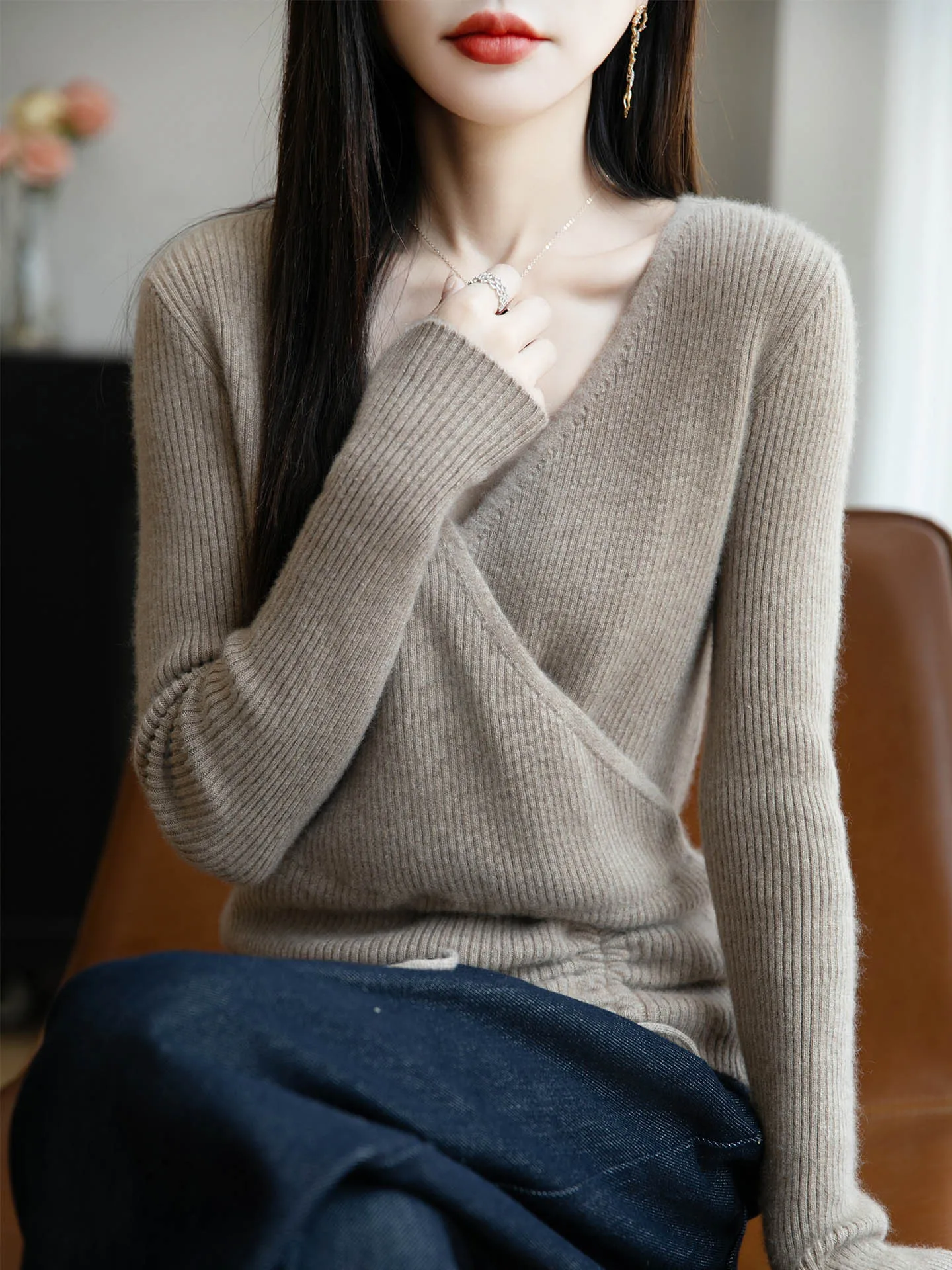 Winter Bloom 100% Merino Wool Women Wrap V Neck Sweater Drawstring Slim Knit Pullover Warm Elegant Autumn Winter Knitwear
