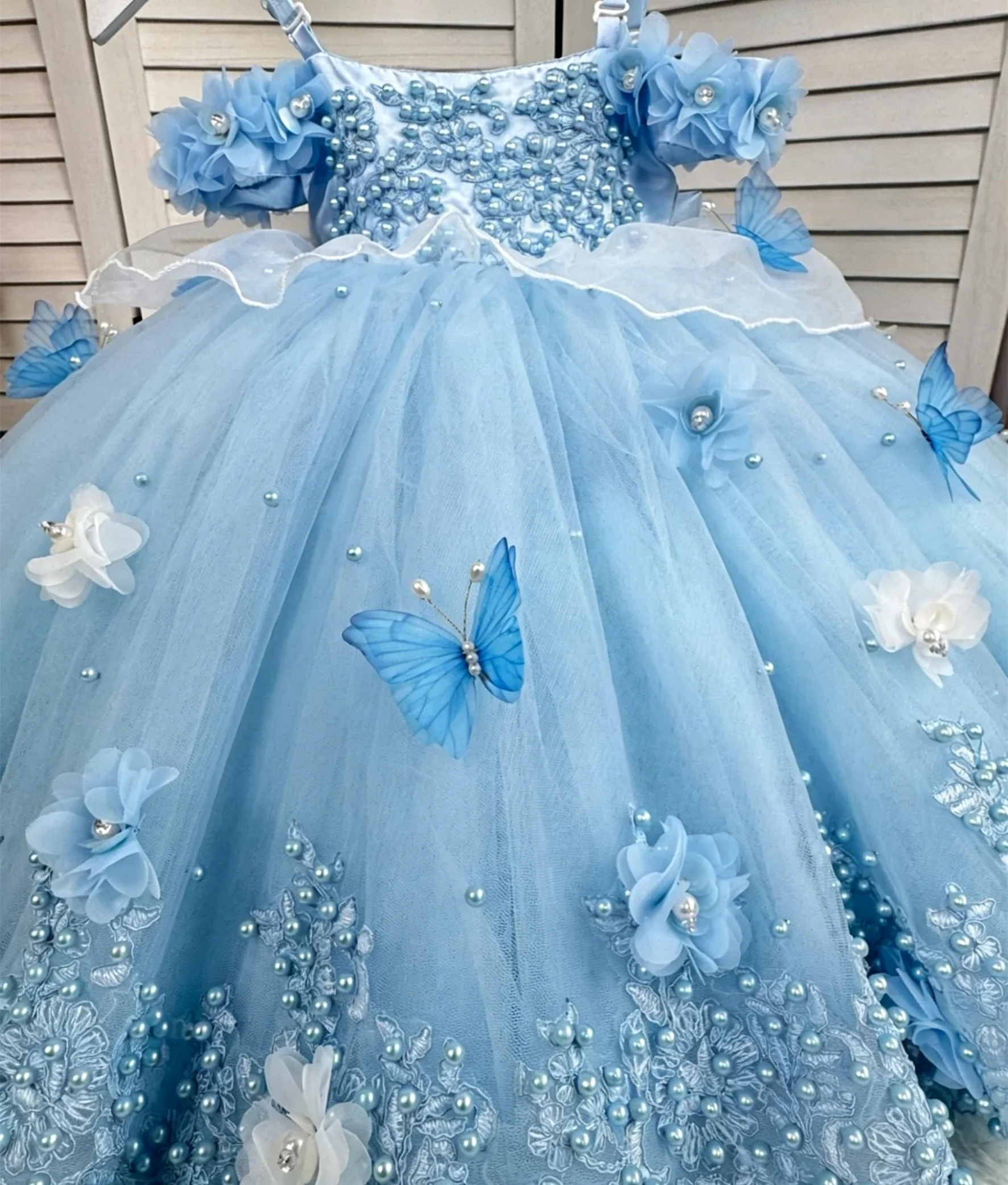 Lovely Blue Flower Girl Dresses for Wedding Appliques Beading with Bow Kids First Communion Birthday Party Ball Gowns Custom