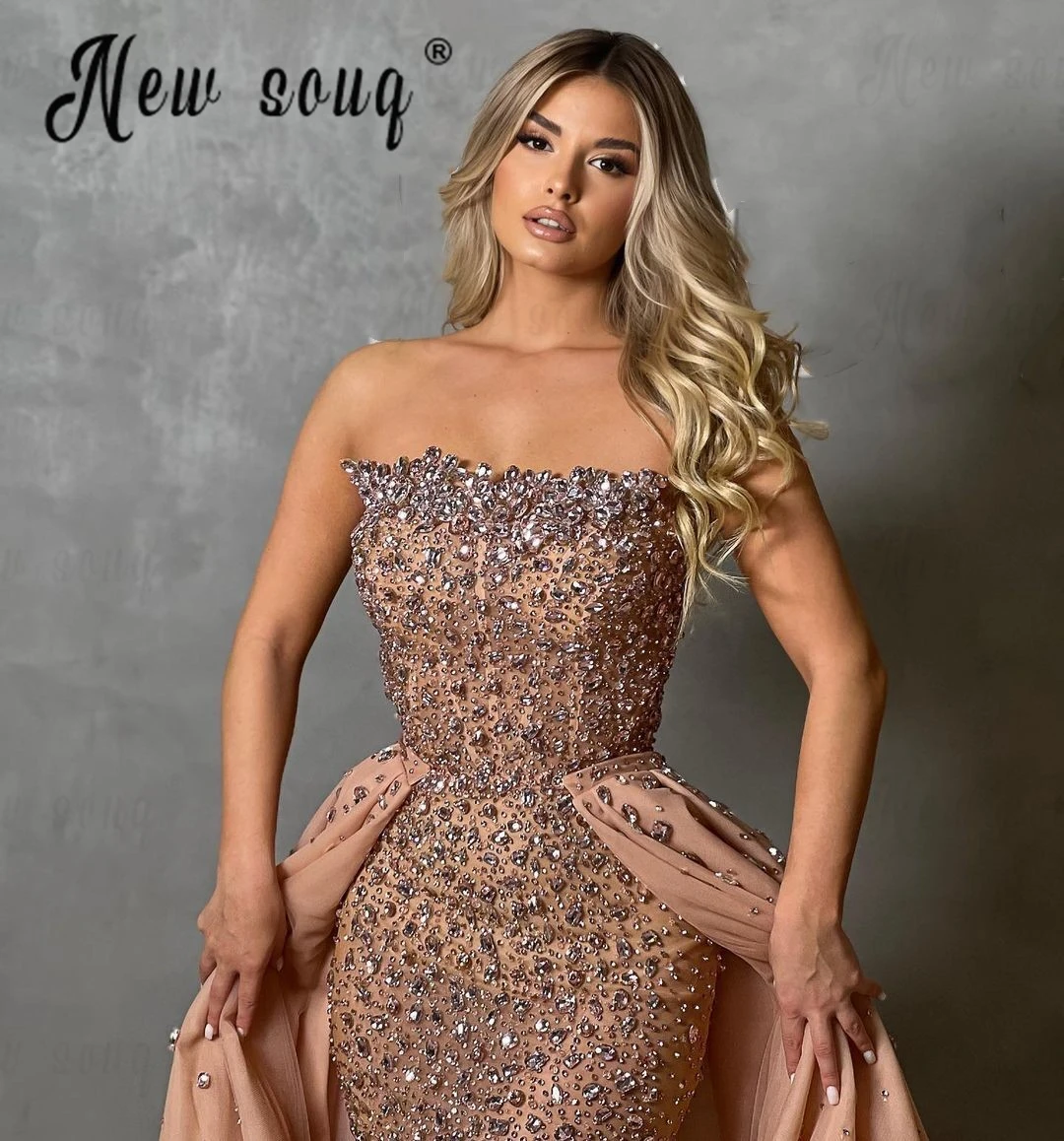 2024 Champagne Evening Dress With Detachable Train Elegant Full Stones Formal Prom Party Dress Strapless Robe de Mariée Custom