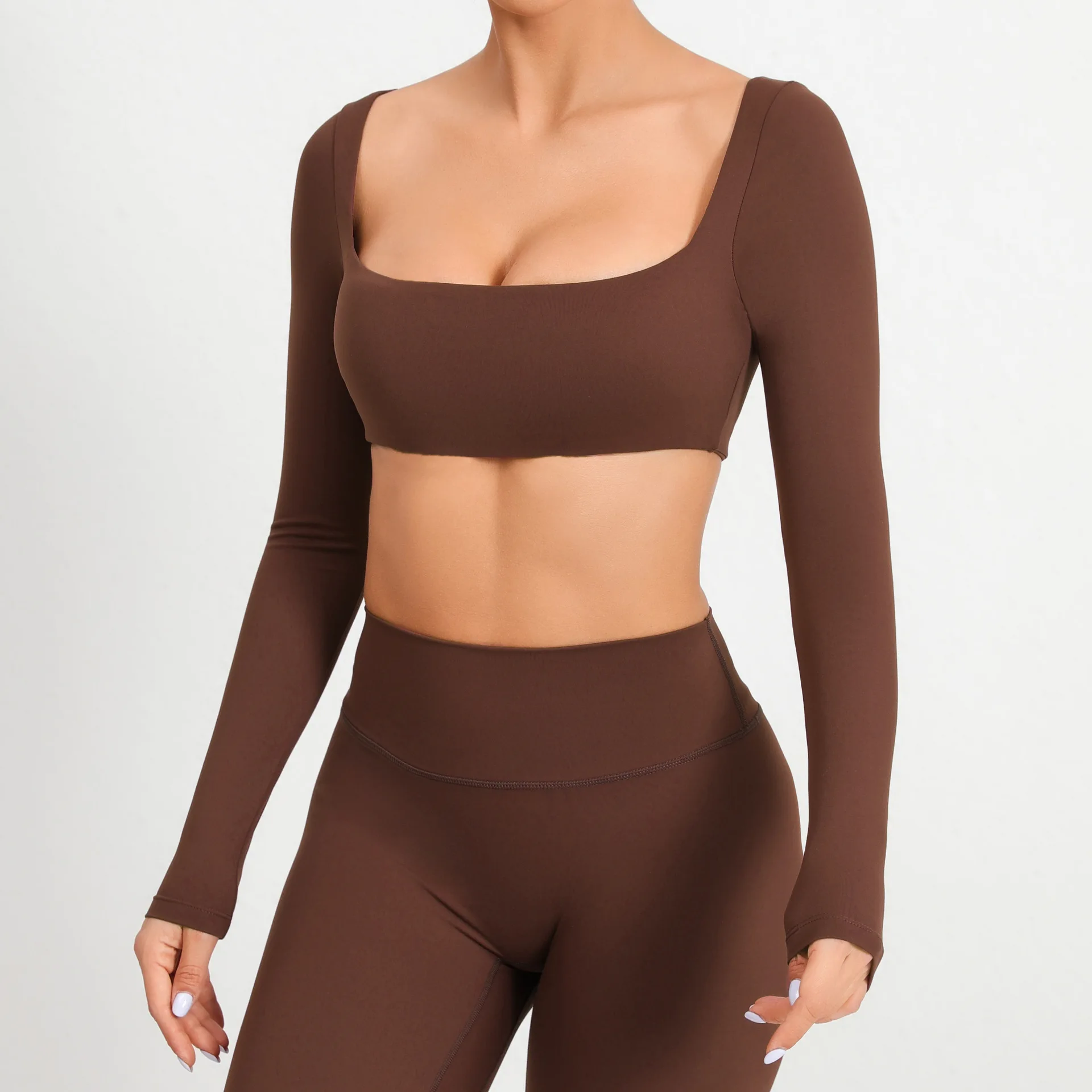 Casual Quick Dry Sportswear Women Square Neck Gym Top Women Fitness Sports Crop Top Female Long Sleeve Yoga Clothing Shirts