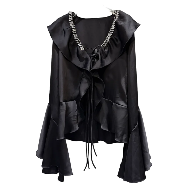 Trendy Water Diamond Oulder Owl Tie Belted Flared Sve irt Damen French Sle Straight Cut Polyester Long Sve V-...