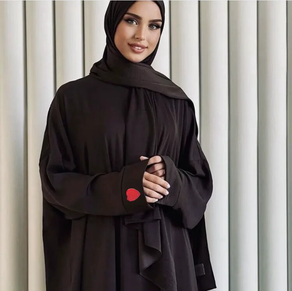 love Embroidery Abaya with scarf Dress long Sleeves Ramadan for Women 2025 Robe Heart Design Islamic Women‘s Clothing