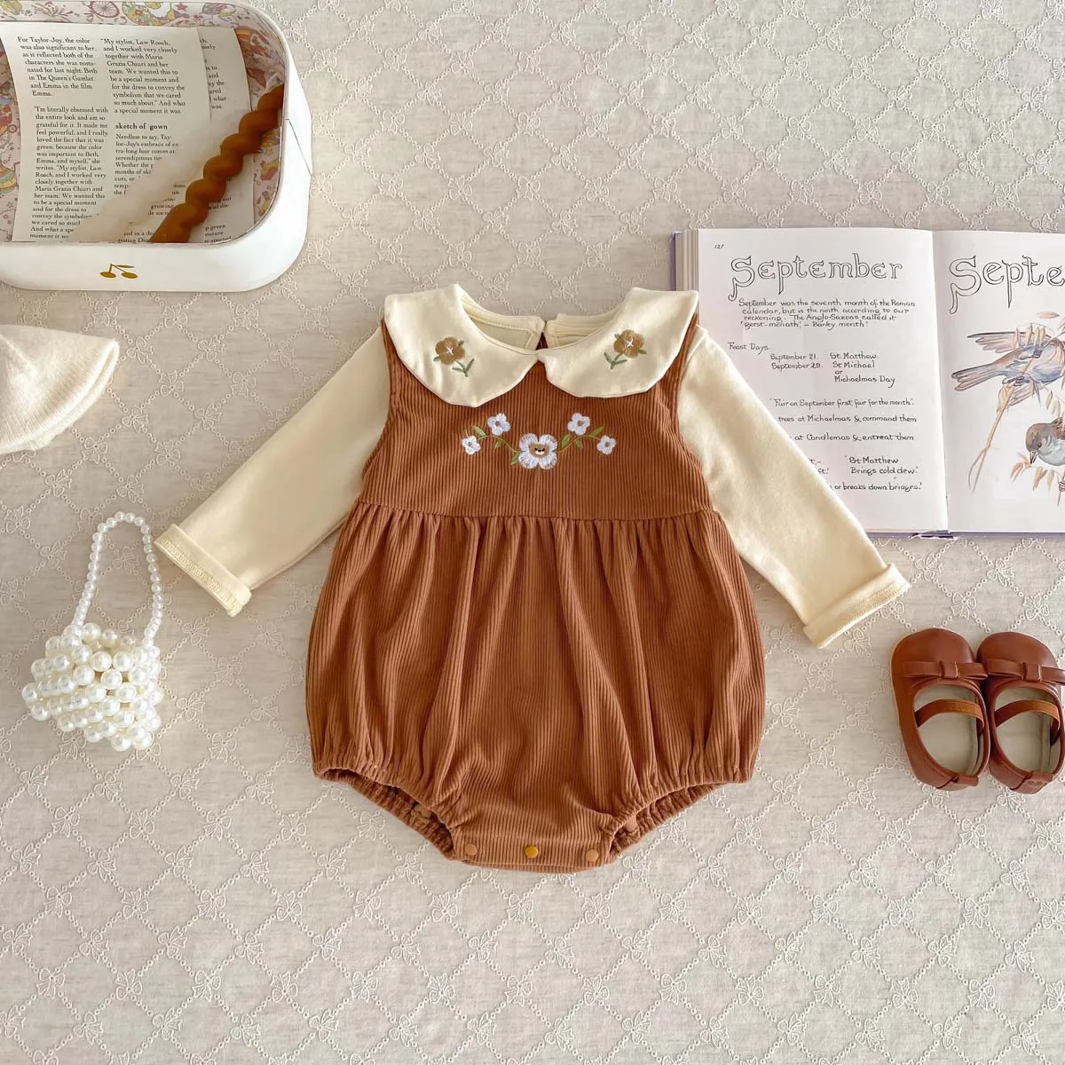 Baby  Suit Sleeveless Romper + Long Sleeves Shirt Corduroy Embroidered   Sweetheart  Baby Girls Bodysuit 1-3Y