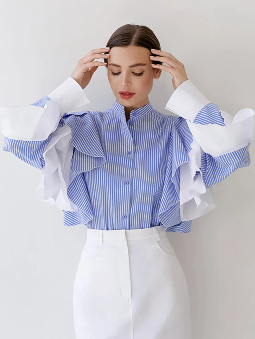French Style Blue Strips Shirt Women's Single Breasted Half Collar Puff Long Ruffles Design Sleeve Shirt Office Lady Fashion Top