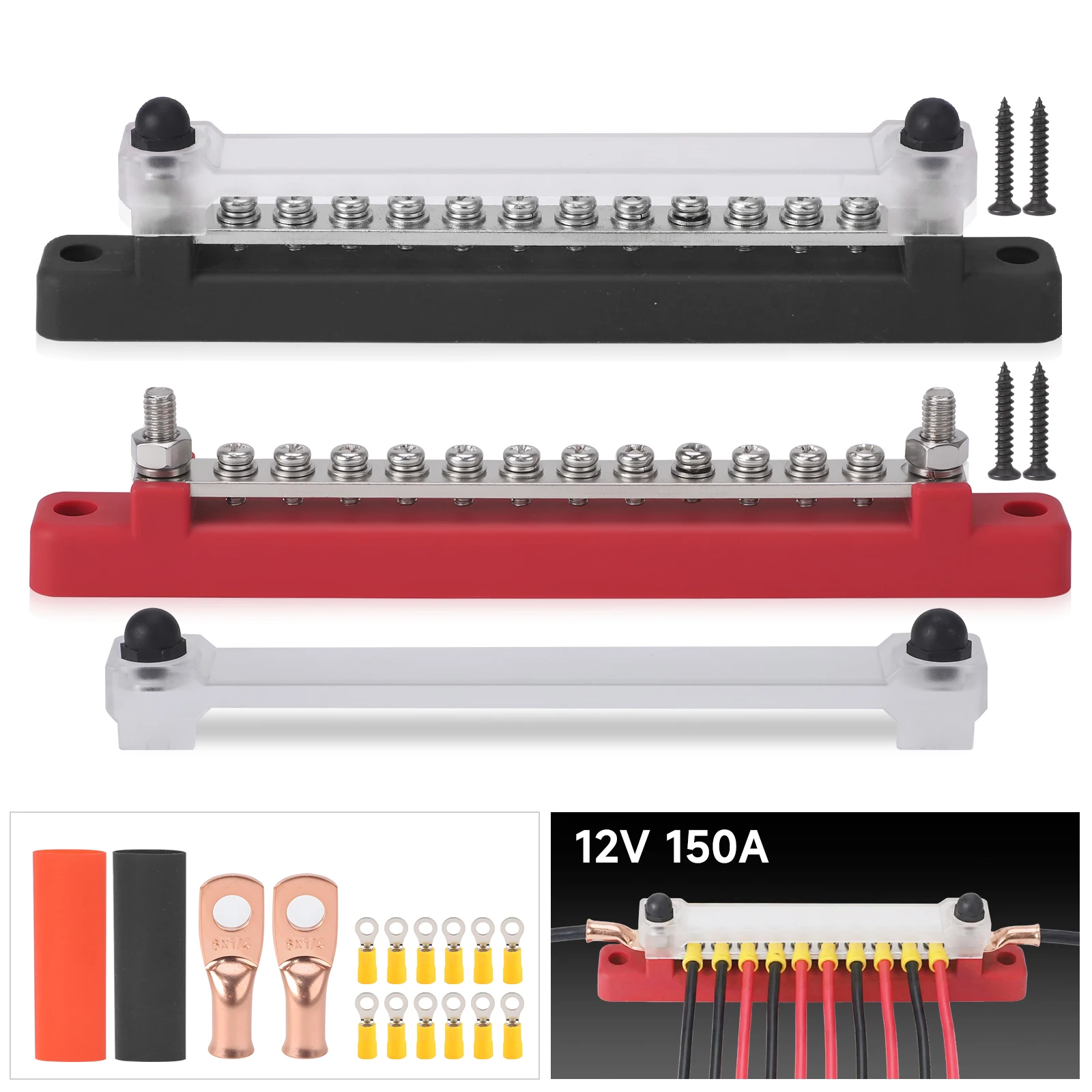 12 Way Terminal Busbar 48V 150A DC Busbar Block With Cover Ground Distribution Power Terminal Block 12 Screws  M4 + 2 Studs M6
