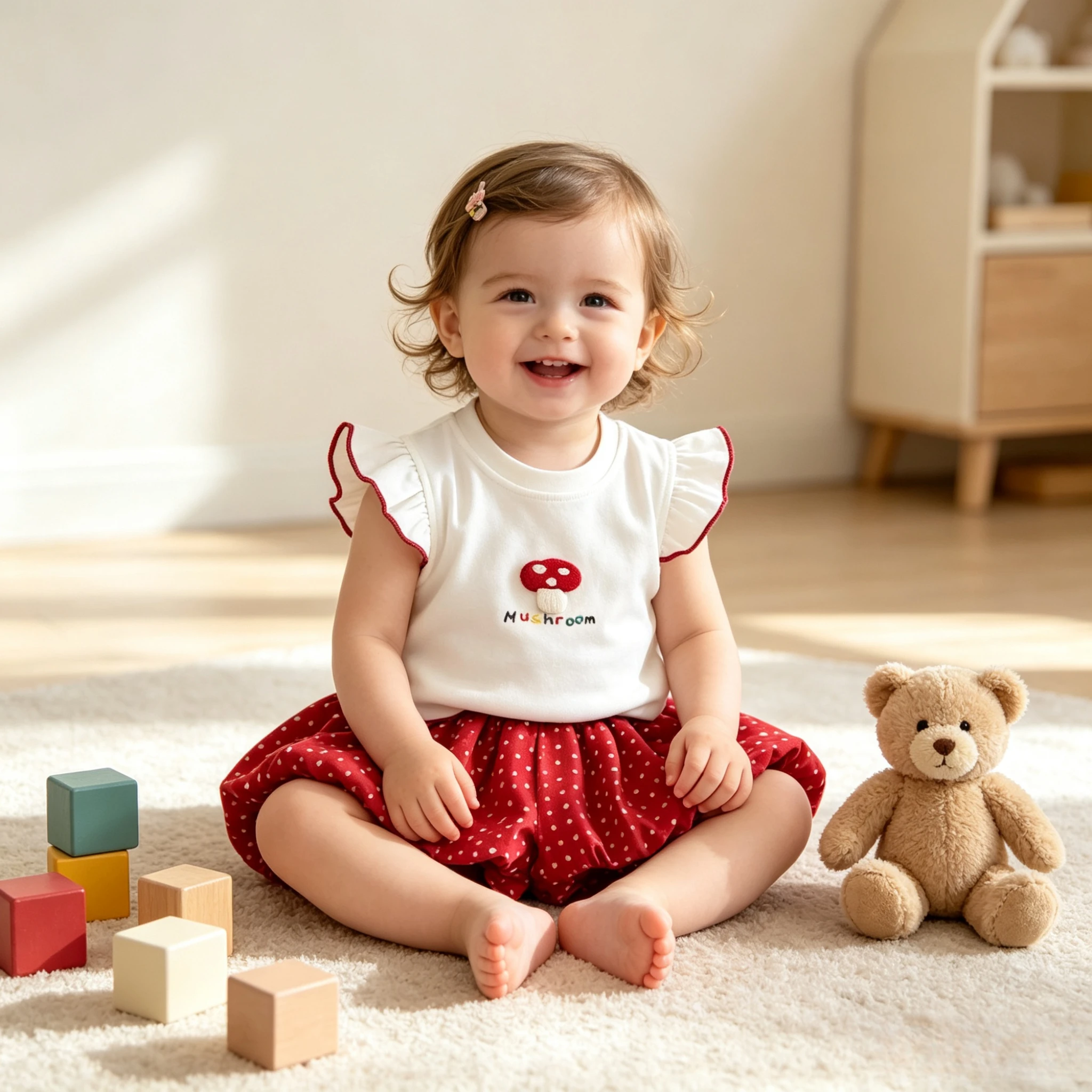 Cute Mushroom Pattern Baby Girl 2 Piece Clothes Ruffle Trim Sleeveless Top Red Polka Dot Bubble Shorts Toddler Summer Outfit
