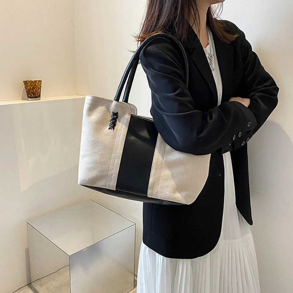 Wildleder-Oberflächenhandtasche für Damen, koreanische Mode-Freizeit-Pendlerhandtasche, Vintage-Farbkollisions-Spleiß-Einkaufstasche – Detail 7